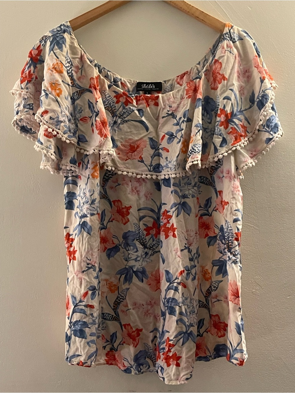 Lulu's Cream Floral Off-Shoulder Ruffle Top/ Dress with Blue & Coral Print